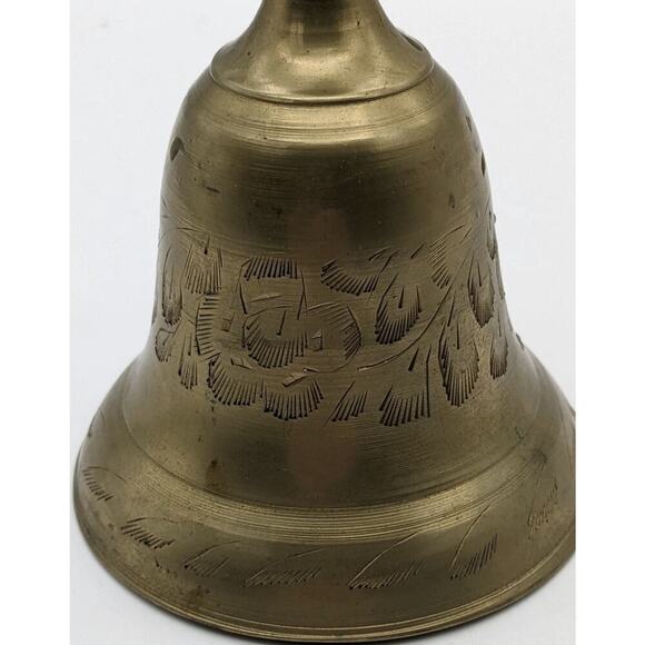 VTG Hand Held Brass w Wood Handle School Dinner Bell 9" India Signal Etched NICE - Picture 4 of 12